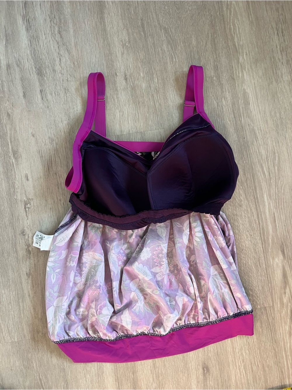 LANDS END Floral Black Tan Pink Swim Tankini Magenta Trim Built In Bra 18W - Picture 6 of 8